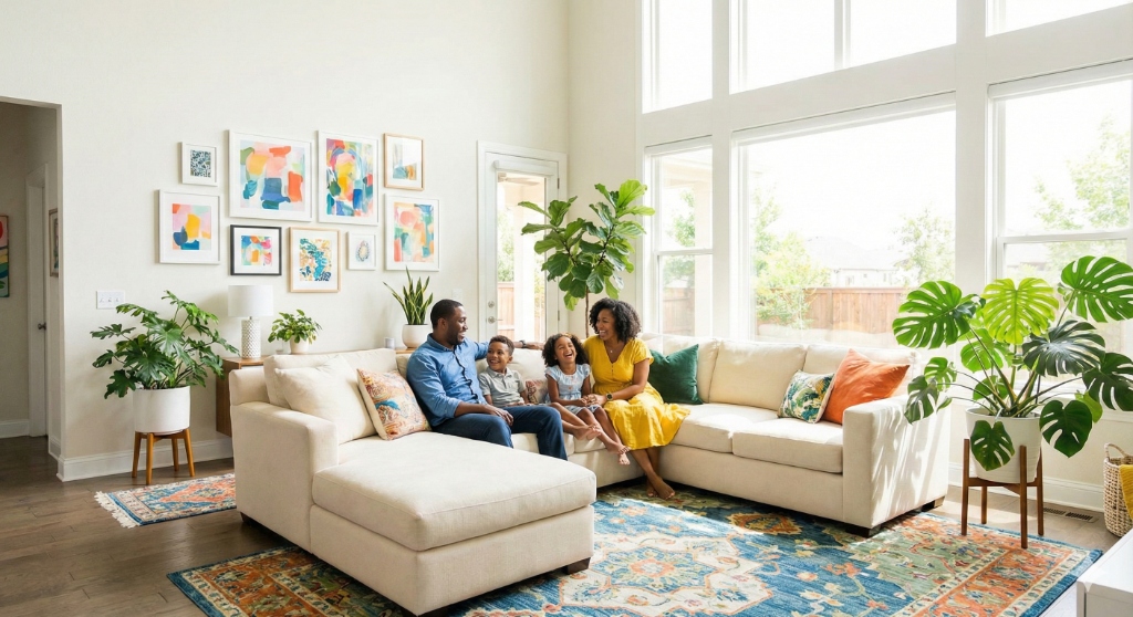 Família feliz em sala de estar protegida contra pragas